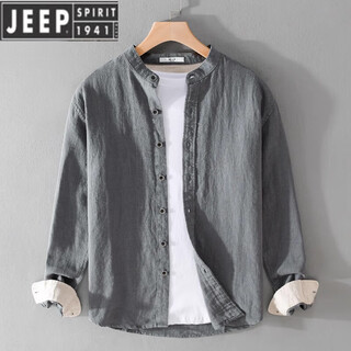 JEEP SPIRIT男士亚麻长袖衬衫日系休闲立领新中式男装春秋季棉麻衬衣外套 9896灰绿色 M 斤左右