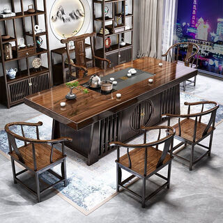 Solid wood large board tea table and chair combination new chinese style modern home tea table living room one table five chairs tea table set in one pingbu qingyun style tea tray table 1.6 meters single table