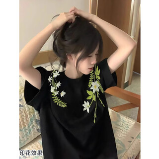 Su yu 100% pure cotton american new chinese style floral garland short-sleeved t-shirt for women summer loose trendy brand top half-sleeved men's 220g - black m recommended 95-110jin jin is equal to 0.5 kg