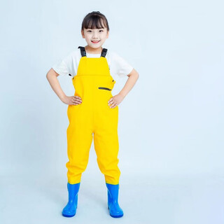 Chaosihui thickened children's waders set one-piece waterproof suit full body for men and women small and medium-sized children's leather pants raincoat pants with legs children's meituan yellow overalls half-length pants 33 inner length of shoes 20.5cm