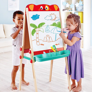 Hape children's drawing board wooden magnetic small blackboard whiteboard solid wood liftable removable storage easel 3-6 years old male and female e8461 puppy double-sided easel (+ eraser chalk)
