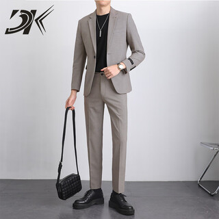 Dk high-end men's casual suit suit men's jacket slim fit korean style trendy groom's wedding suit two-piece set brown gray jacket + pants m