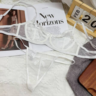 French sexy lingerie women's pure half cup transparent bra set thin european and american lace panties bra white thong set 70as code