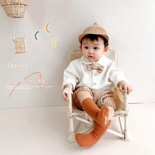 He yangyu baby one-year-old dress summer suit handsome 2-year-old 3-year-old boy's clothes overalls baby bow tie small shirt spring dress khaki long sleeves + pants 80 clothing label