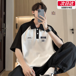Kennedy polo shirt men's summer new japanese trendy brand loose short-sleeved. t-shirt men's college style contrasting color loose half-sleeved t-shirt black and white color matching-half-sleeved polo shirt xl 160-168cm