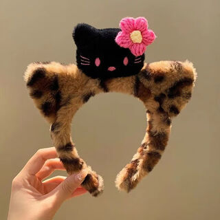 Cute leopard print cat plush headband, home girl face wash headband, female headband, makeup mask, hair clip, black kt cat