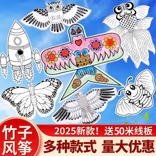 风筝diy手工制作材料包自制手绘空白风筝半成品儿童涂鸦竹条风筝 diy绘画风筝【随机款式】 （赠全套材料包）具体参考详情页