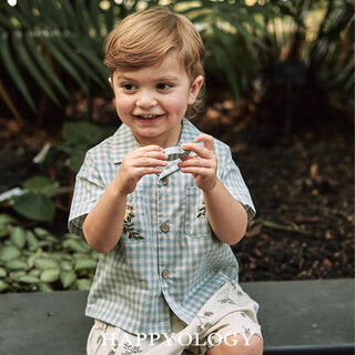 Happyology british children's spring and summer shirt new boys' lapel pocket embroidered girls' shirt top blue plaid 125 (124cm)