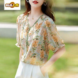 Chu jing white collar summer new v-neck floral short-sleeved chiffon shirt women's loose, stylish and versatile age-reducing top t# picture color l recommended 110-120 jin jin equals 0.5 kg