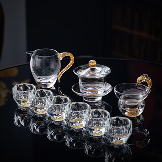 Fat donglai's same german quality crystal glass tea set filled with gold foil light luxury covered bowl complete set of kung fu tea set large capacity gold foil tea bowl + fair cup + round tea e
