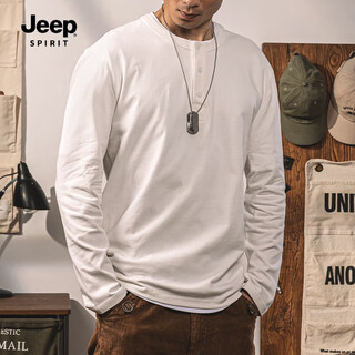 Jeep spiritt shirt henry shirt men's long-sleeved henry collar american retro distressed military green cotton bottoming shirt high-end autumn and winter top white 2xl reference 173~195jin jin equals 0.5 kg
