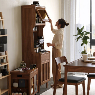 Original wood black walnut solid wood sideboard integrated wall cabinet living room perforated board wine cabinet multi-functional wall storage cabinet 60cm bar sideboard