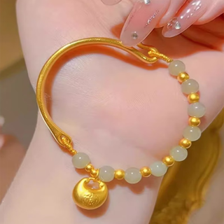 Xi welcomes chinese valentine's day, gold color small fat blessing half bracelet, women's hetian jade half bracelet, 18k gold blessing bag bracelet, gold store same style small fat blessing half bracelet and half chain