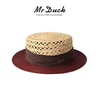 Mr duck extra fine natural wheat straw raffia straw hat french elegant flat top hat women's fashionable style hollow sun hat raw grass/burgundy (lightweight and breathable) m(55-57cm)