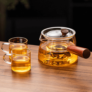 Glass teapot for making tea around the stove, high temperature resistance, single pot, household teapot, side handle, kettle, tea set, tea cup, teapot + 2 handle cups