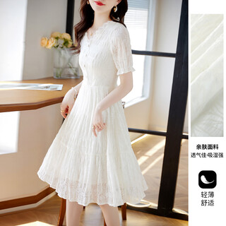 Shangjing dress women's new summer lace splicing temperament elegant waist slimming mid-length short-sleeved skirt for women