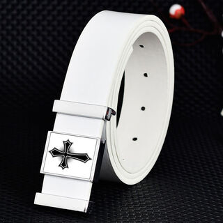 Fortoni belt for men and teenagers, korean version smooth buckle men's belt, women's trendy personality white versatile letter student belt hong kong style bk-26 cross style 110cm white length