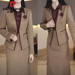 Pierre cardin two-piece small fragrant dress for women 2025 spring and autumn new fashion fashionable flesh-covering small suit jacket slimming suit for women 48152-khaki suit 2xl recommended 125-140jin jin equals 0.5 kg