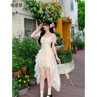 Geluoen french square neck new dress women's 2025 summer design short front short long back irregular trailing princess dress picture color one size fits all sizes can be remarked
