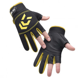 Yun ran fishing gloves with exposed three-finger stab-proof lure fishing, non-slip, wear-resistant, breathable, fish catching and flying gloves for sea and rock fishing, black and yellow pair, one size fits all