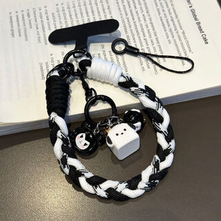 Youmipa cute ins mobile phone lanyard short hand-held woven wrist pendant durable cartoon hanging chain strong mobile phone chain black kulomi + woven bracelet black and white grid black card strip small black rope
