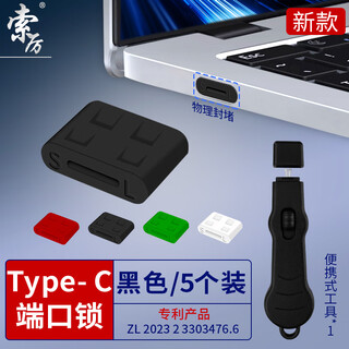 索厉 TYPE- C端口锁物理安全锁接口锁 可拆卸带钥匙 接口防盗防尘/工具1把+黑色塞子5个装/20510