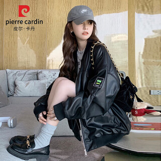 Pierre cardin black leather jacket for women spring and autumn 2025 new korean style loose street design casual motorcycle pu leather jacket black regular m 111jin jin is equal to 0.5kg -125jin jin is equal to 0.5kg