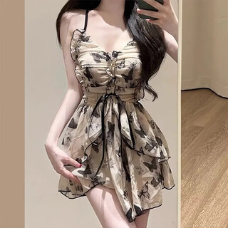 Fu jian retro fairy style swimsuit one-piece skirt style conservative belly covering slimming suspender high-end hot spring swimming suit push-up new chinese butterfly print recommended 80-120 jin jin is equal to 0.5 kg