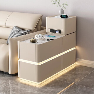 Hexuan multifunctional sofa side cabinet smart solid wood storage cabinet with socket living room premium slate sofa side table storage cabinet beige bull socket + light strip + wireless charging width 30*length 80*h 85cm