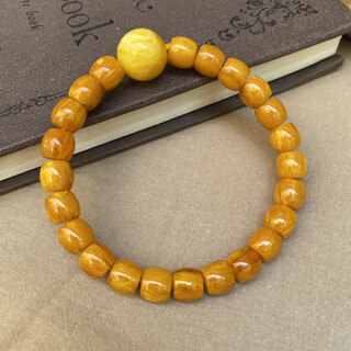 Confucian natural old beeswax bracelet, precision straight-cut old-style beads 8*7 chicken oil yellow round beads, top bead bracelet, single circle raw ore, 87 old-style beads, 14mm round beads