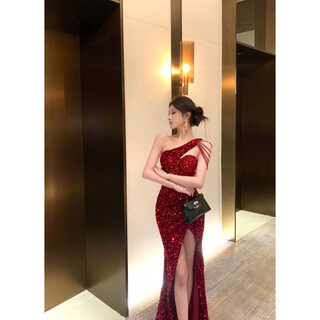 Yiou high-end temperament sexy annual party birthday sequined evening dress toast dress 8603 burgundy s