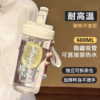 Zhongqi water cup flower tea cup male and female students high-looking straw cup sports cup portable high temperature resistant coffee folding cup coconut milk white 600ml double drinking mouth + tea chamber