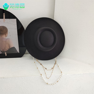 Ywzr french hepburn style pearl chain imitation wool top hat women's autumn and winter retro flat top jazz hat large brim felt hat black multi-chain grooved imitation wool adjustable