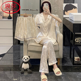 Langsha light luxury ice silk pajamas women's spring and autumn three-piece set short-sleeved thin summer large size fat home clothes jv-88083-three-piece set apricot 2xl