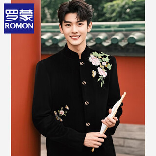 Romon new chinese style stand collar suit peony butterfly embroidered mao suit groom wedding chinese style jacket men's tang suit black single suit xl