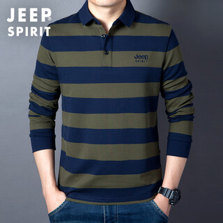Jeep spirit jeep spring and autumn new loose business striped cotton long-sleeved t-shirt men's polo shirt tops t-shirt men's military green l