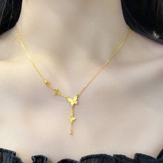 Taijufu gold-wrapped silver 999 butterfly tassel gold necklace for women new light luxury niche clavicle chain as a gift for your girlfriend tassel butterfly one-piece necklace (gold 0.3 grams)