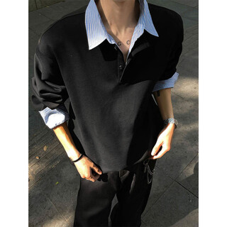 Jufeng fake two-piece polo shirt sweatshirt men's american heavy henley collar long-sleeved t-shirt design high-end handsome jacket black m (suitable) 100-115jin jin is equal to 0.5 kg