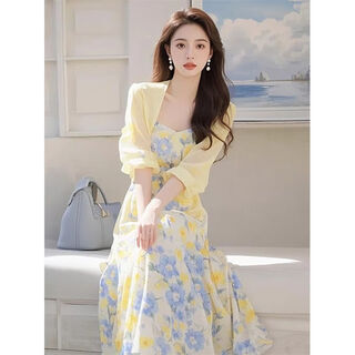 Nalinya dress dopamine outfit complete set 2025 new style cardigan top with floral skirt yellow cardigan + floral dress two-piece set m recommended 75-90jin jin equals 0.5 kg