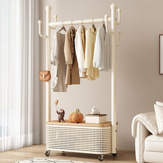 Wooden bottle cover coat rack bedroom clothes rack floor-standing single pole movable home living room multi-functional wheeled clothes drying rack thickened 80cm white rack + wood grain cover