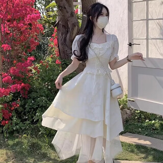 Jane la bear dress women's french short sleeve gentle wind puff skirt waist slimming seaside vacation fairy temperament cake long dress french dress l size 100-110jin jin is equal to 0.5 kg