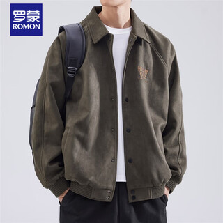 Romon high-end lapel jacket men's autumn and winter new heavyweight imitation suede american retro casual cardigan jacket gray green l weight 120-140jin jin equals 0.5 kg