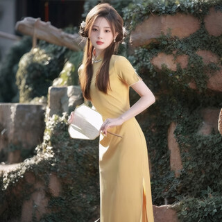 Jialong mingxiu yellow cheongsam 2025 new summer improved temperament high-end new chinese style dress lemon yellow m