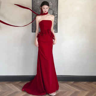 Comex burgundy chinese style toast dress tube top light luxurious fishtail temperament bride engagement wedding return dress burgundy l