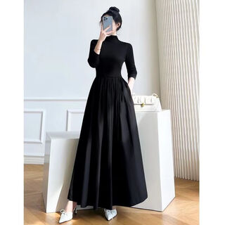 Fshe black hepburn style autumn and winter dress for women, high-end high-end bottoming long skirt with knitted new little black skirt, black half turtleneck xl