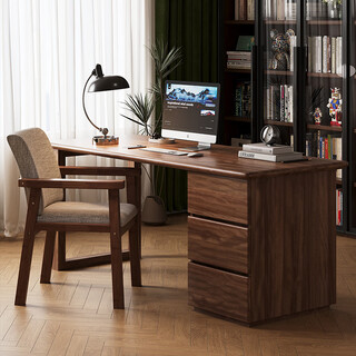 Huixun walnut solid wood desk with side cabinet computer desk simple modern office desk home bookcase combination study table and chair black walnut color # single desk 140cm*70cm*75cm walnut material