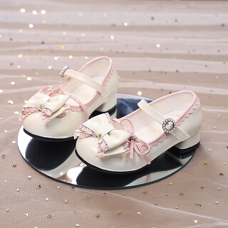 Girls' small leather shoes, children's shoes, princess shoes, spring and summer new little girl high heels, lolita style shoes, white ddx302 milk puff rice 30, inner length 19.0cm