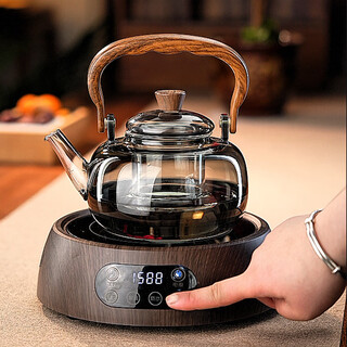 Full-degree heat-resistant glass teapot with wood grain teapot, home office stove, tea making kung fu tea set, open flame heating, wood shadow teapot + kangmi wood grain ceramic stove