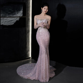 Commax heavy industry sequined evening gown temperament socialite light luxury host pink tube top fishtail engagement toast dress pink l