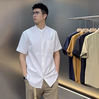 Chenhao summer ice silk cool cotton and linen light luxury style henry collar short shirt trendy men's dark pattern korean style no-iron handsome short shirt white xl suitable for 130-150jin jin is equal to 0.5 kg